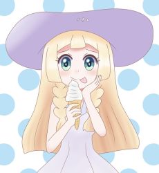 Rule 34 | 1girl, blonde hair, cone, creatures (company), dress, food, game freak, green eyes, hat, ice cream, lillie (pokemon), long hair, looking at viewer, miin (toukotouya), nintendo, pokemon, pokemon (anime), pokemon sm (anime), polka dot, polka dot background, solo, tongue, tongue out, white dress, white hat