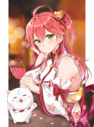Rule 34 | 1girl, 35p (sakura miko), ahoge, bell, blush, cat, cherry blossom print, closed eyes, cup, detached sleeves, drinking glass, floral print, green eyes, hair bell, hair ornament, hairclip, hand on own cheek, hand on own face, highres, holding, holding cup, hololive, jiino, long hair, looking at viewer, one side up, petals, pink hair, sakura miko, sakura miko (1st costume), sitting, table, virtual youtuber, white cat, wine glass, x hair ornament