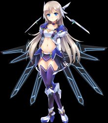 Rule 34 | 1girl, blue eyes, boots, collarbone, full body, hair ornament, highres, long hair, master of eternity, midriff, miniskirt, navel, official art, rachel (master of eternity), silver hair, skirt, solo, tachi-e, thigh boots, thighhighs, transparent background, wings