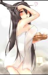 Rule 34 | 10s, 1girl, absurdres, bare shoulders, black hair, blush, breasts, bucket, hairband, heart, highres, kantai collection, lantern, large breasts, letterboxed, long hair, looking at viewer, nagato (kancolle), naked towel, one eye closed, onsen, open mouth, saku (kudrove), solo, steam, towel, wooden bucket
