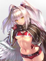 Rule 34 | 1girl, belt, breasts, cleavage, cleavage cutout, cloak, clothing cutout, copyright request, gloves, hand on own hip, short shorts, shorts, signature, stomach, underboob, yapo (croquis side), yellow eyes