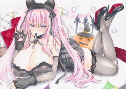 Rule 34 | 1girl, animal ears, animal hands, azur lane, bare shoulders, black choker, black dress, black nightgown, breasts, choker, cleavage, detached sleeves, dress, fake animal ears, fingerless gloves, gloves, halloween, high heels, huge breasts, la galissonniere (azur lane), la galissonniere (black cat of all hallows&#039; eve) (azur lane), lace, lace-trimmed thighhighs, long hair, lying, marker (medium), microdress, mouth hold, nightgown, o-ring dress, official alternate costume, on stomach, paw gloves, paw pose, pink eyes, pink hair, purplepencil, solo, stiletto heels, thighhighs, traditional media, very long hair