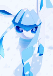 Rule 34 | blue eyes, bright pupils, commentary request, creatures (company), day, game freak, gen 4 pokemon, glaceon, highres, looking at viewer, nintendo, no humans, nobu (rghw3527), outdoors, pokemon, pokemon (creature), snow, snowing, solo, standing