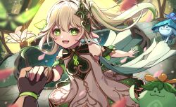 Rule 34 | 1girl, aether (genshin impact), artist name, blush, bracelet, cape, commentary request, dress, flower-shaped pupils, genshin impact, gradient hair, green cape, green eyes, green hair, hair ornament, highres, holding hands, jewelry, leaf hair ornament, long hair, looking at viewer, lower teeth only, multicolored hair, nahida (genshin impact), open mouth, petals, pointy ears, pov, pov hands, reia hana, side ponytail, sleeveless, sleeveless dress, smile, symbol-shaped pupils, teeth, white dress, white hair