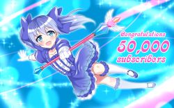 Rule 34 | 1girl, :d, blue bow, blue choker, blue dress, blue eyes, blue footwear, blue hair, bow, choker, collarbone, commentary request, congratulations, dress, frilled socks, frills, gloves, hair bow, heart, holding, holding wand, kneehighs, mary janes, nijisanji, open mouth, outstretched arm, puffy short sleeves, puffy sleeves, shirihime, shoes, short sleeves, smile, socks, solo, sparkle, twintails, virtual youtuber, wand, white gloves, white socks, white wings, wings, yuuki chihiro, yuuki chihiro (1st costume)