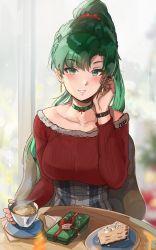 Rule 34 | 1girl, blurry, blurry background, blush, box, breasts, cake, cake slice, chair, choker, collarbone, cup, earrings, fire emblem, fire emblem: the blazing blade, food, fur trim, gift, gift box, green eyes, green hair, hair ornament, hand up, highres, indoors, jewelry, lips, long hair, long sleeves, looking at viewer, lyn (fire emblem), medium breasts, nintendo, ormille, parted lips, ponytail, simple background, sitting, smile, solo, sparkle, steam, table, teacup, upper body, watch, wristwatch
