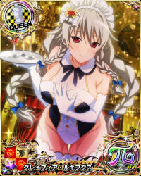 Rule 34 | 1girl, blue bow, bow, braid, breasts, card (medium), chess piece, christmas, cleavage, cup, drinking glass, elbow gloves, female focus, gloves, grayfia lucifuge, grey hair, hair bow, high school dxd, highleg, highleg leotard, holding, holding tray, large breasts, leotard, long hair, looking at viewer, maid headdress, official art, queen (chess), red eyes, smile, solo, thighhighs, tray, twin braids, white gloves