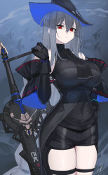 Rule 34 | 1girl, arknights, bare shoulders, black gloves, black headwear, black neckwear, black pants, breasts, clothing cutout, commentary request, cowboy shot, gloves, hair between eyes, hand on own hip, hand up, hayabusa, highres, large breasts, leggings, long hair, looking at viewer, pants, partial commentary, red eyes, silver hair, skadi (arknights), solo, standing, sword, thigh cutout, thighs, very long hair, weapon