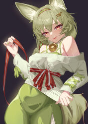 Rule 34 | 1girl, absurdres, aquarius cat, arknights, bare shoulders, beanstalk (arknights), beanstalk (gift uncompleted) (arknights), bell, cropped sweater, dress, green dress, green hair, green hairband, green ribbon, hair ornament, hairband, hairclip, highres, holding, holding ribbon, hyena ears, hyena girl, neck bell, neck garter, off-shoulder sweater, off shoulder, official alternate costume, ribbon, striped clothes, striped hairband, sweater, two-tone nails, white sweater