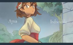 Rule 34 | 1girl, ajna (indivisible), beads, black eyes, black hair, character name, commentary request, copyright name, dark-skinned female, dark skin, day, grey sky, hair beads, hair ornament, indivisible, letterboxed, long sleeves, looking at viewer, outdoors, parted lips, reikara topake, sash, shirt, short hair, sky, solo, standing, tree, upper body, white shirt