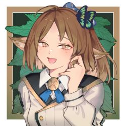 Rule 34 | 1girl, :d, ahoge, animal ears, arknights, blue necktie, border, brown eyes, brown hair, bug, butterfly, butterfly on head, buttons, collared shirt, cross tie, fox ears, fox girl, hand in own hair, hand up, highres, insect, leaf, long sleeves, looking at viewer, necktie, open mouth, outside border, perfumer (arknights), perfumer (species plantarum) (arknights), ponytail, shirt, smile, solo, upper body, white border, white shirt, yoshiga