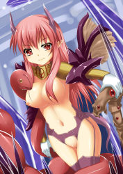Rule 34 | 1girl, breasts, cane, highres, horns, hoshizuki (seigetsu), large breasts, long hair, looking at viewer, navel, nipples, no panties, original, pink eyes, pink hair, pointy ears, pussy, smile, solo, tail, uncensored, wings