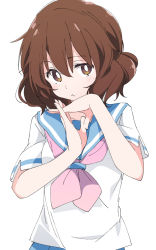 Rule 34 | 1girl, :&lt;, blouse, blue sailor collar, blush, brown eyes, brown hair, closed mouth, hair between eyes, hands up, hibike! euphonium, ixy, kitauji high school uniform, looking at viewer, neckerchief, oumae kumiko, own hands clasped, own hands together, pink neckerchief, sailor collar, school uniform, shirt, short hair, short sleeves, simple background, solo, upper body, white background, white shirt