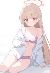 1girl absurdres bed_sheet blonde_hair blue_archive blush bra breasts halo highres jyt long_hair long_sleeves looking_at_viewer nodoka_(blue_archive) open_clothes open_mouth open_shirt panties purple_bra purple_panties red_eyes red_halo shirt simple_background sitting small_breasts solo underwear white_background white_shirt yokozuwari