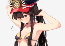 Rule 34 | 1girl, armpits, arms behind head, arms up, bad id, bad pixiv id, bare shoulders, bikini, black bikini, black hair, black hat, blush, breasts, cleavage, collarbone, family crest, fate/grand order, fate (series), hat, kodamari, long hair, medium breasts, oda nobunaga (fate), oda nobunaga (koha-ace), oda nobunaga (swimsuit berserker) (fate), oda nobunaga (swimsuit berserker) (second ascension) (fate), oda uri, open mouth, peaked cap, red eyes, sidelocks, simple background, solo, swimsuit, translation request