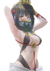 Rule 34 | 1girl, armpits, arms behind head, black eyes, black hair, blue hair, breasts, facial tattoo, fate/grand order, fate (series), hair ornament, highres, looking at viewer, marulire, medium breasts, multicolored hair, navel, short hair, simple background, solo, tattoo, tenochtitlan (fate), tenochtitlan (first ascension) (fate), two-tone hair, white background