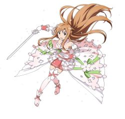 Rule 34 | 10s, 1girl, alternate costume, asuna (sao), breasts, brown eyes, brown hair, cherry blossoms, cleavage, elbow gloves, full body, gloves, highres, holding, holding sword, holding weapon, long hair, official art, open mouth, pink skirt, pleated skirt, simple background, skirt, solo, sword, sword art online, sword art online: code register, thighhighs, weapon, white background, white gloves, white thighhighs, zettai ryouiki
