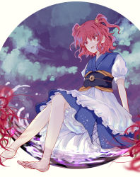 Rule 34 | 1girl, apron, barefoot, belt, black belt, blue dress, cloud, cloudy sky, dress, flower, hair between eyes, hair bobbles, hair ornament, highres, lake, light, looking down, night, night sky, onozuka komachi, open mouth, puffy short sleeves, puffy sleeves, purple sky, red eyes, red flower, red hair, shadow, short hair, short sleeves, short twintails, shorts, sitting, sky, smile, solo, touhou, twintails, uranaishi (miraura), water, white apron, white background, white shorts, white sleeves