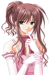 Rule 34 | 1girl, arms up, bow, breasts, brown hair, cleavage, detached sleeves, elbow gloves, gloves, green eyes, idol, long hair, lovely idol, medium breasts, mole, mole under eye, nishimata aoi, pink bow, ponytail, ribbon, solo, white gloves