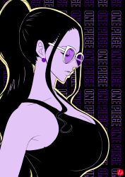 Rule 34 | 1girl, absurdres, black hair, breasts, chris re5, cleavage, copyright name, earrings, closed eyes, from side, highres, jewelry, large breasts, long hair, nico robin, one piece, outline, patterned background, ponytail, purple-tinted eyewear, purple-tinted glasses, signature, solo, sunglasses, tank top, tinted eyewear
