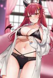 Rule 34 | 1girl, ahoge, animal ear fluff, animal ears, black bra, black panties, blurry, blurry background, bra, breasts, collared shirt, cowboy shot, curtains, detached wings, dress shirt, dutch angle, hair flaps, hair ornament, hairclip, halterneck, heart, highres, indoors, lace, lace panties, large breasts, long hair, long shirt, looking down, machi (7769), mole, mole under eye, multicolored hair, navel, open clothes, open shirt, orange eyes, orange hair, original, panties, parted lips, red hair, shirt, sidelocks, sleeves past wrists, standing, stomach, streaked hair, thighs, underwear, virtual youtuber, white shirt, window, wings