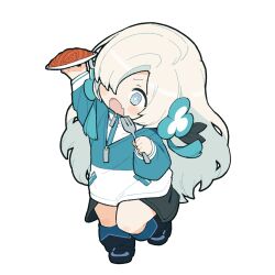 Rule 34 | + +, 1girl, :o, akichi 360, alternate costume, arm up, black footwear, black leg warmers, blonde hair, blue hair, blue jacket, blush stickers, chibi, fang, flower, food, fork, grey eyes, hair flower, hair ornament, hair over one eye, highres, holding, holding food, holding fork, isekai joucho, jacket, kamitsubaki studio, layered clothes, long hair, long sleeves, multicolored clothes, multicolored hair, multicolored jacket, napolitan, open mouth, plate, shoes, simple background, skin fang, solo, standing, standing on one leg, streaked hair, turtleneck, turtleneck jacket, two-tone jacket, v-shaped eyebrows, virtual youtuber, wavy hair, white background, white jacket