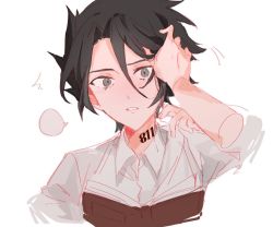 Rule 34 | 1boy, :q, black hair, blush, book, colored skin, grey eyes, looking at viewer, m omoo, male focus, neck tattoo, number tattoo, open book, open mouth, ray (yakusoku no neverland), shirt, short hair, simple background, sketch, solo, tattoo, teeth, tongue, tongue out, white background, white shirt, white skin, yakusoku no neverland