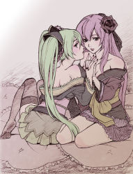 Rule 34 | 2girls, aqua hair, aqua skirt, back, bare back, bare legs, bare shoulders, black flower, black kimono, black nails, black rose, breasts, brown legwear, cleavage, collarbone, couple, female focus, flower, full body, hair between eyes, hair flower, hair ornament, hand up, hatsune miku, holding hands, interlocked fingers, japanese clothes, kimono, knees together feet apart, knees up, legs, lips, long hair, long sleeves, looking at viewer, looking back, magnet (vocaloid), megurine luka, multiple girls, nail polish, neck, off shoulder, parted lips, pink hair, pink skirt, pleated skirt, project diva, project diva (series), project diva 2nd, rose, sash, shimashiman, sitting, skirt, thighhighs, twintails, very long hair, vocaloid, yuri