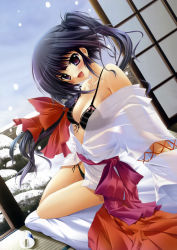 Rule 34 | 1girl, absurdres, bare shoulders, bikini, blue hair, bra, breasts, cleavage, dutch angle, front-tie bikini top, front-tie top, hakama, hakama skirt, highres, izumi tsubasu, japanese clothes, large breasts, looking at viewer, miko, off shoulder, open mouth, panties, purple eyes, red hakama, side-tie panties, skirt, smile, snow, solo, strap gap, strap slip, striped bra, striped clothes, striped panties, swimsuit, underwear