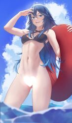 Rule 34 | 1girl, alternate costume, arm up, bikini, bikini top only, blue bikini, blue eyes, blue hair, blue sky, blurry, blurry foreground, blush, bottomless, breasts, censored, cloud, cloudy sky, day, eyelashes, feet out of frame, fire emblem, fire emblem awakening, gluteal fold, gradient hair, hair between eyes, halterneck, hand up, heart, heart censor, highres, holding, innertube, lucina (fire emblem), multicolored hair, navel, nintendo, open mouth, pomelomelon, shadow, side-tie bikini bottom, sidelocks, sky, small breasts, solo, swim ring, swimsuit, teeth, thighs, upper teeth only, wading, water