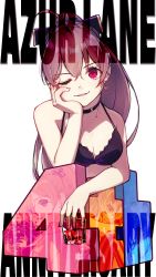 Rule 34 | 1girl, absurdres, alcohol, anniversary, azur lane, bikini, black bikini, black choker, breast pocket, breasts, brown hair, choker, cleavage, commentary request, copyright name, cup, drinking glass, earrings, grin, hair between eyes, hatski.sin, head rest, highres, holding, holding cup, jean bart (azur lane), jewelry, long hair, looking at viewer, medium breasts, pocket, ponytail, purple eyes, smile, solo, striped clothes, striped thighhighs, swimsuit, thighhighs, vertical-striped clothes, vertical-striped thighhighs, white background