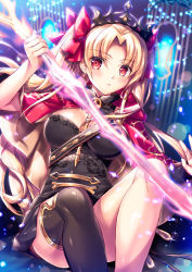 Rule 34 | 1girl, asymmetrical legwear, black thighhighs, blonde hair, cape, cowboy shot, earrings, ereshkigal (fate), fate/grand order, fate (series), fukase ayaka, gold trim, hair ribbon, holding, holding weapon, jewelry, long hair, looking at viewer, multicolored cape, multicolored clothes, necklace, parted bangs, red cape, red eyes, red ribbon, ribbon, single thighhigh, skull, solo, thighhighs, thighs, tohsaka rin, two side up, uneven legwear, weapon, yellow cape