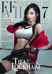 Rule 34 | 1girl, bare shoulders, black hair, black skirt, breasts, brown eyes, cover, earrings, elbow gloves, final fantasy, final fantasy vii, final fantasy vii remake, fingerless gloves, gloves, highres, jacket, jewelry, large breasts, long hair, looking at viewer, magazine cover, midriff, miniskirt, navel, off shoulder, parted lips, pencil skirt, pleated skirt, raypier, shirt, skirt, suspender skirt, suspenders, tank top, taut clothes, taut shirt, thighhighs, thighs, tifa lockhart, toned