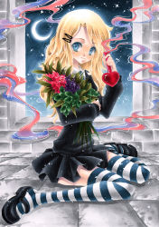 Rule 34 | 1girl, alexa pasztor, animification, bad deviantart id, bad id, blonde hair, blue eyes, bouquet, crescent moon, female focus, flower, full body, hair ornament, hairclip, harry potter (series), love potion, luna lovegood, mary janes, moon, night, plant, potion, school uniform, shoes, skirt, sky, solo, striped clothes, striped thighhighs, sweater, thighhighs, traditional media, wizarding world