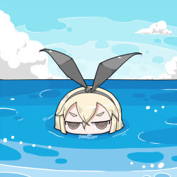 Rule 34 | 10s, 1girl, blonde hair, brown hair, bubble, cloud, day, hairband, kantai collection, ocean, partially submerged, personification, shimakaze (kancolle), shokuyou pants, sky, solo, water