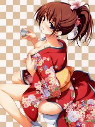 Rule 34 | 1girl, absurdres, alcohol, bare legs, blue eyes, blush, breasts, brown hair, cleavage, flower, hair flower, hair ornament, highres, japanese clothes, kimono, large breasts, obi, sake, sash, short ponytail, sitting, smile, solo, tomose shunsaku, undressing