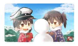 Rule 34 | 2girls, :d, artist name, blush, brown eyes, brown gloves, brown hair, commentary request, dual persona, gloves, hair between eyes, hat, holding, kaga (kancolle), kantai collection, long sleeves, mittens, multiple girls, open mouth, peaked cap, short hair, side ponytail, smile, snowman, taisa (kari), wide sleeves