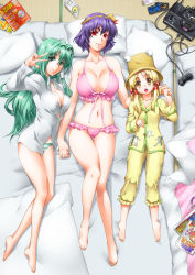 Rule 34 | 3girls, :o, bare legs, barefoot, blonde hair, bra, brand name imitation, breasts, cameltoe, cleavage, collarbone, controller, covered erect nipples, dress shirt, feet, female focus, frog, frog hair ornament, from above, front-tie top, futon, game cartridge, game console, game controller, gamepad, green eyes, green hair, hair ornament, hair ribbon, hair tubes, hat, head tilt, henshako, highres, hip focus, holding hands, kochiya sanae, large breasts, legs, lingerie, long hair, looking at viewer, lying, magazine (object), moriya suwako, multiple girls, navel, no bra, no pants, on back, on bed, on side, open mouth, pajamas, panties, parted lips, pillow, pink bra, pink panties, purple eyes, purple hair, pyonta, red eyes, ribbon, sega 32x, sega mega drive, shiny skin, shirt, short hair, smile, snake, striped clothes, striped panties, tatami, thigh gap, touhou, underwear, underwear only, v, v-neck, white shirt, yasaka kanako, yellow eyes
