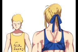 Rule 34 | 1boy, 1girl, ahoge, artoria pendragon (all), artoria pendragon (fate), blonde hair, blue ribbon, braid, clothes writing, earrings, english text, fate/zero, fate (series), french braid, from behind, gilgamesh (fate), hair ribbon, highres, jewelry, looking at another, muscle envy, muscular, muscular female, ooyun, pillarboxed, red eyes, ribbon, saber (fate), simple background, sports bra, tank top, white background