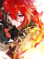 Rule 34 | 1boy, black jacket, closed mouth, diluc (genshin impact), fire, fractalmagnolia, genshin impact, gloves, greatsword, hair between eyes, holding, holding sword, holding weapon, jacket, long hair, male focus, ponytail, portrait, red eyes, red hair, simple background, solo, sword, weapon, white background