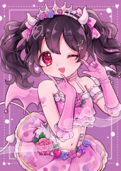 Rule 34 | 1girl, absurdres, artist name, artist request, bare shoulders, black choker, black hair, blush, bow, breasts, choker, collarbone, curled horns, curly hair, demon girl, demon horns, demon tail, demon wings, elbow gloves, female focus, floral print, flower, gloves, grey wings, hair between eyes, hair bow, hair flower, hair ornament, hairclip, highres, horns, looking at viewer, love live!, love live! school idol festival, love live! school idol project, midriff, navel, nico nico nii, one eye closed, parted lips, pink flower, pink gloves, pink rose, pleated skirt, polka dot, polka dot bow, print skirt, purple flower, purple rose, red bow, red eyes, red flower, red rose, red skirt, rose, rose print, shiro nori00, short hair, sidelocks, skirt, small breasts, smile, solo, striped clothes, striped gloves, tail, tiara, twintails, vertical-striped clothes, vertical-striped gloves, wings, yazawa nico