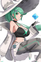 Rule 34 | 1girl, absurdres, alternate costume, breasts, chest jewel, duplicate, gonzarez, green eyes, green hair, hat, highres, jacket, large breasts, long hair, pixel-perfect duplicate, pneuma (xenoblade), ponytail, simple background, solo, swept bangs, very long hair, white background, witch, witch hat, xenoblade chronicles (series), xenoblade chronicles 2