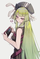 Rule 34 | 1girl, absurdres, arknights, bare arms, bare shoulders, bird girl, black headwear, breasts, broken heart, cellphone, closed mouth, commentary, english commentary, from side, green hair, hat feather, head wings, heart, highres, holding, holding phone, long hair, medium breasts, phone, playing games, poncirus (arknights), recruitment bag (arknights), red eyes, simple background, smartphone, solo, tears, togekk0, very long hair, white background, white wings, wings