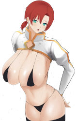 Rule 34 | 1girl, absurdres, amemuchizakuro, arms behind back, bikini, black bikini, boudica (fate), breasts, cleavage, collar, cropped shirt, dripping, fate/grand order, fate (series), green eyes, head tilt, highres, huge breasts, long sleeves, looking at viewer, navel, open mouth, parted bangs, ponytail, red hair, short ponytail, simple background, sweat, sweaty clothes, swimsuit, thighhighs, thong, thong bikini, underwear, very sweaty, wet, white background