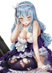 Rule 34 | 1girl, :o, absurdres, arm at side, bare shoulders, black legwear, blue hair, blunt bangs, breasts, cleavage, collarbone, commentary, dress, eyelashes, frilled dress, frills, girls&#039; frontline, green eyes, hair between eyes, hairband, hand on own head, hand up, highres, hk416 (girls&#039; frontline), hk416 (starry cocoon) (girls&#039; frontline), lace, lace-trimmed legwear, lace trim, large breasts, long hair, looking at viewer, official alternate costume, open mouth, simple background, sitting, solo, strapless, strapless dress, torn clothes, torn legwear, white background, white hairband, yokozuwari, yukiaka