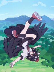 Rule 34 | 1girl, absurdres, bird wings, black hair, black skirt, black socks, black wings, collared shirt, day, feathered wings, floating, hat, highres, kame (kamepan44231), outstretched arms, parted lips, pointy ears, pom pom (clothes), red eyes, red footwear, red hat, shameimaru aya, shirt, shoes, short hair, short sleeves, skirt, socks, solo, spread arms, tokin hat, touhou, white shirt, wings