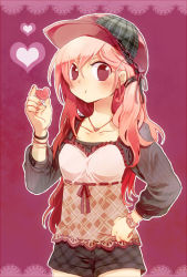 Rule 34 | 1girl, :t, am (going nowhere), bad id, bad pixiv id, blouse, blush, candy, food, hand on own hip, hat, heart, jewelry, long hair, necklace, pink eyes, pink hair, purple background, purple eyes, shirt, shorts, solo, source request, watch, wristwatch