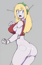Rule 34 | 1girl, android, ass, blonde hair, blue eyes, bottomless, breasts, cleft of venus, clenched hands, commentary, curly brace, doukutsu monogatari, english commentary, headphones, highres, joints, large breasts, legs together, long hair, looking back, metal skin, pussy, ragingbarbarians, red tank top, robot ears, robot joints, sideboob, solo, standing, tank top, wireless