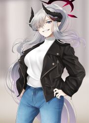 Rule 34 | 1girl, black horns, black jacket, blue archive, blue eyes, blue pants, breasts, cowboy shot, demon horns, denim, grey hair, grin, hair over one eye, halo, highres, horns, jacket, koflif, large breasts, long hair, long sleeves, looking at viewer, makoto (blue archive), multiple horns, open clothes, open jacket, pants, pointy ears, red halo, smile, solo, sweater, white sweater