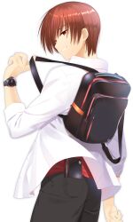 Rule 34 | 1boy, absurdres, arm at side, backpack, bag, black pants, brown hair, cellphone, cowboy shot, from side, grin, hand up, highres, little busters!, long sleeves, looking at viewer, looking back, natsume kyousuke, nose, otou (otou san), pants, phone, red eyes, red shirt, shirt, short hair, simple background, smartphone, smile, standing, straight hair, v-shaped eyebrows, watch, white background, white shirt, wristwatch